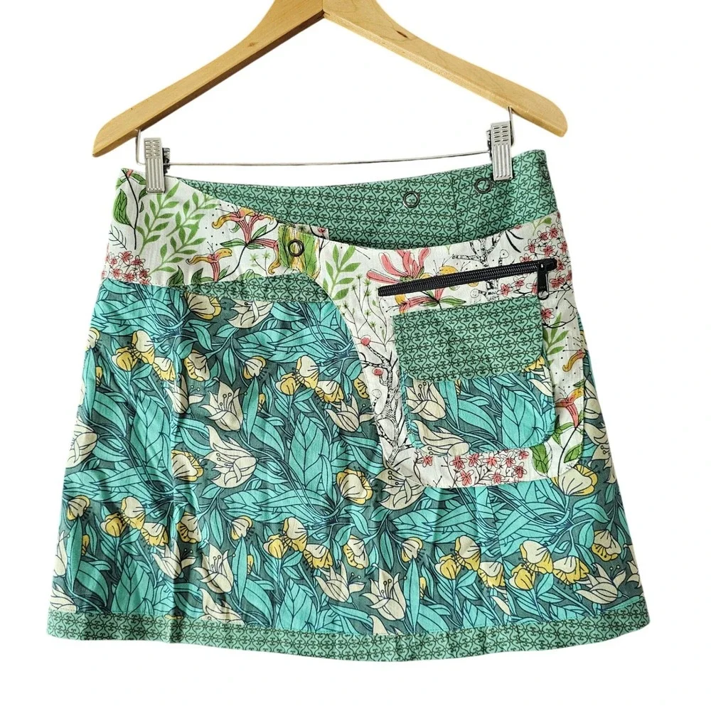 ASHA Floral Reversible Full Wrap Skirt‎ Pockets Teal Green Cotton Patchwork OSFM